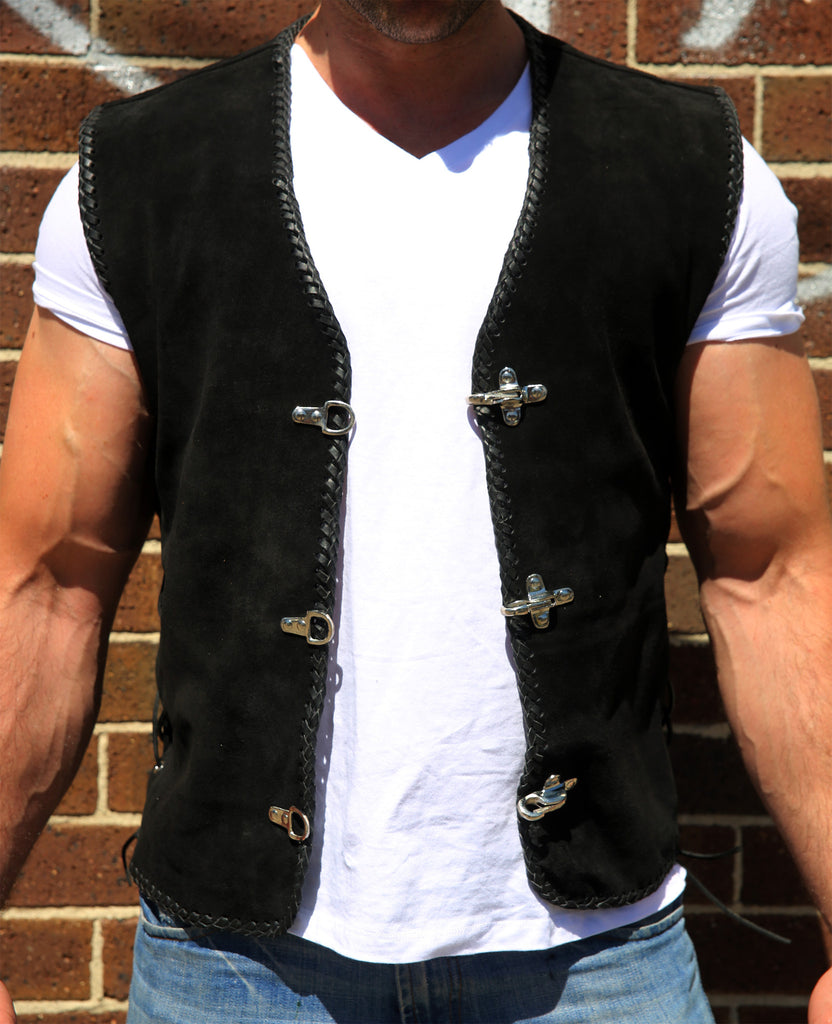 ML EXCLUSIVE Suede Biker Vest, Metal Clasp, Inner Pockets, Lace Sided